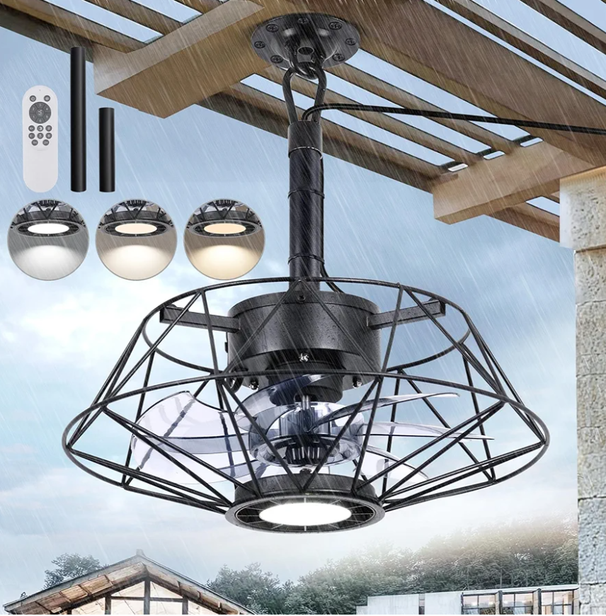 Outdoor Ceiling Fan with Light for Patios, Waterproof Gazebo Fans Outdoor Hanging 6 Speeds Plug in Caged Ceiling Fan with Remote Control, 3 Color Temperature for Porch Pergola (Black)