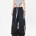Cargo Parachute Pants Baggy Sweatpants for Women Drawstring Hip Hop Wide Leg Trousers Casual Joggers Y2k Streetwear (Black), 2XL