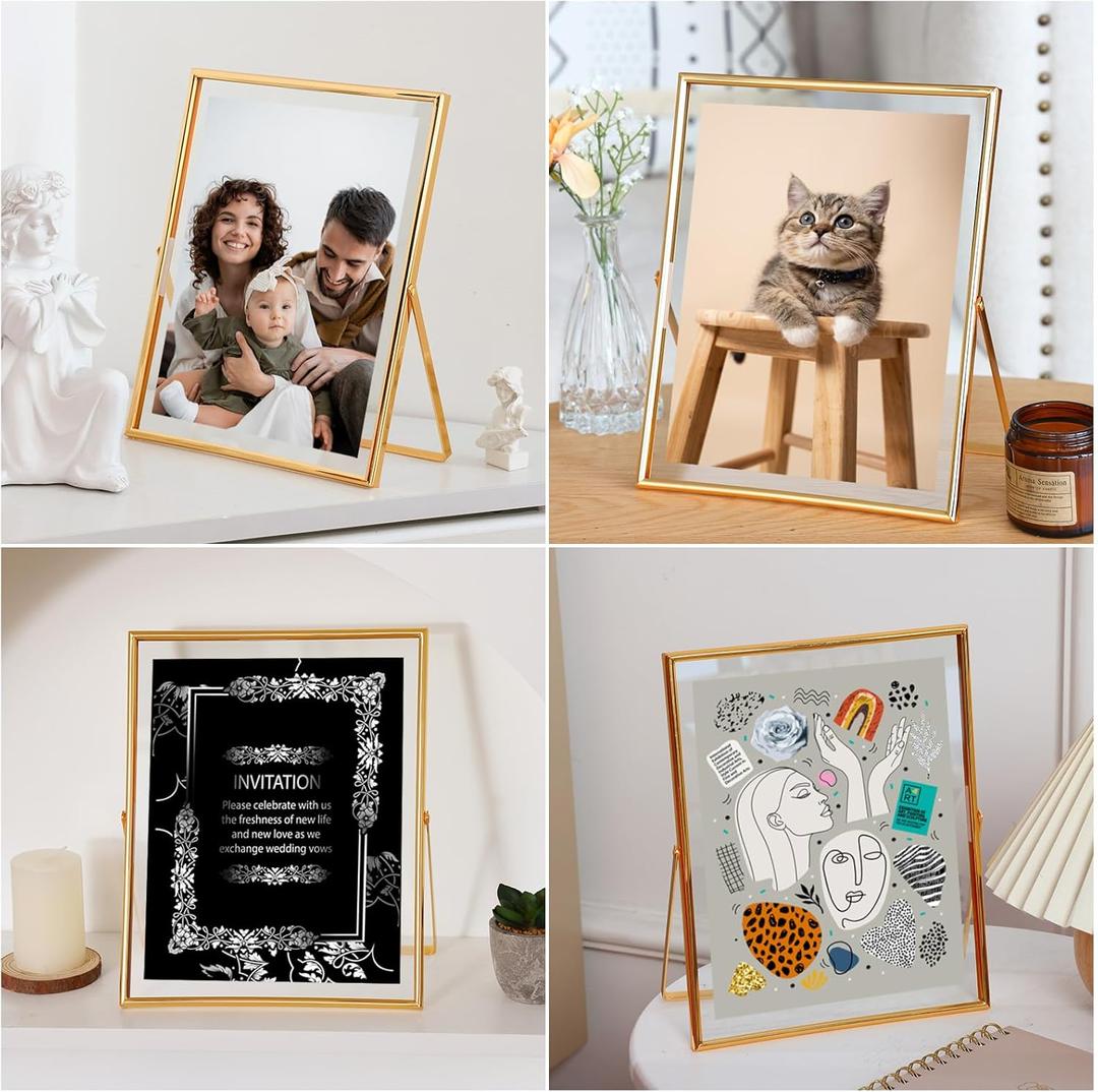 Fixwal Gold Frame Floating Picture Frame Set of 1 ,8 x 10 Tempered Glass Frame, for Tabletop Display, Gold Metal Display Frame, for Multi Size Photos Including 6 x 8,5 x 7