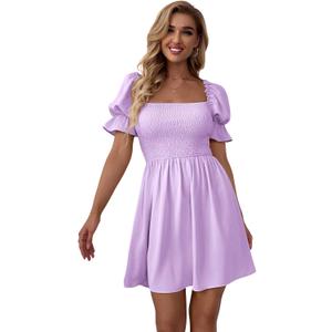 WDIRARA Women's Square Neck Flounce Short Sleeve Shirred Ruffle Hem Dress, Medium, Purple