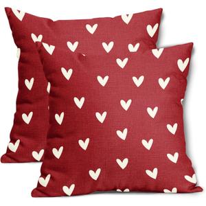 Valentines Day Pillow Covers 16x16 Inch Set of 2 White Heart Red Cotton Linen Decorative Throw Pillow Case Mothers Day Cushion Covers for Bedroom Sofa Living Room Chair Home Decor
