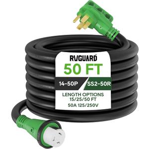 RVGUARD 50 Amp 50 Foot RV Power Cord, 14-50P to SS2-50R Generator Extension Cord, Heavy Duty STW Cord with LED Power Indicator and Cord Organizer, Green, ETL Listed