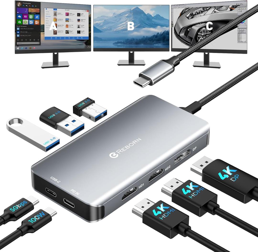 Reborn USB-C Docking Station Dual Monitor Adapter, Laptop Docking Station 3 Monitors Triple Display USBC Hub Dongle to 4K60Hz HDMI+DP,3 USB3.0,100W PD,USB C Data,8-in-1 Dock for Dell,HP,Lenovo,Surface
