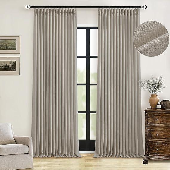 Pinch Pleated Linen Curtains 108 Inches Long for Living Room 2 Panels Set Greyish Beige Flax Double Pleated Drapes Back Tab Farmhouse Ceiling Floor 108 Inch Window Curtains Bedroom Burlywood Birch