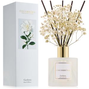COCORRNA Reed Diffuser - Gardenia 6.7 Fl.oz Reed Diffuser Set with Sticks & Preserved Baby's Breath, Reed Diffuser for Home Bathroom Shelf Decor