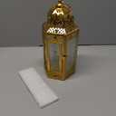 CVHOMEDECO. Decorative Candle Lantern Moroccan Lanterns Vintage Golden Metal Lantern Holder for Home Patio Outdoor Decor. Clear Glass, Medium