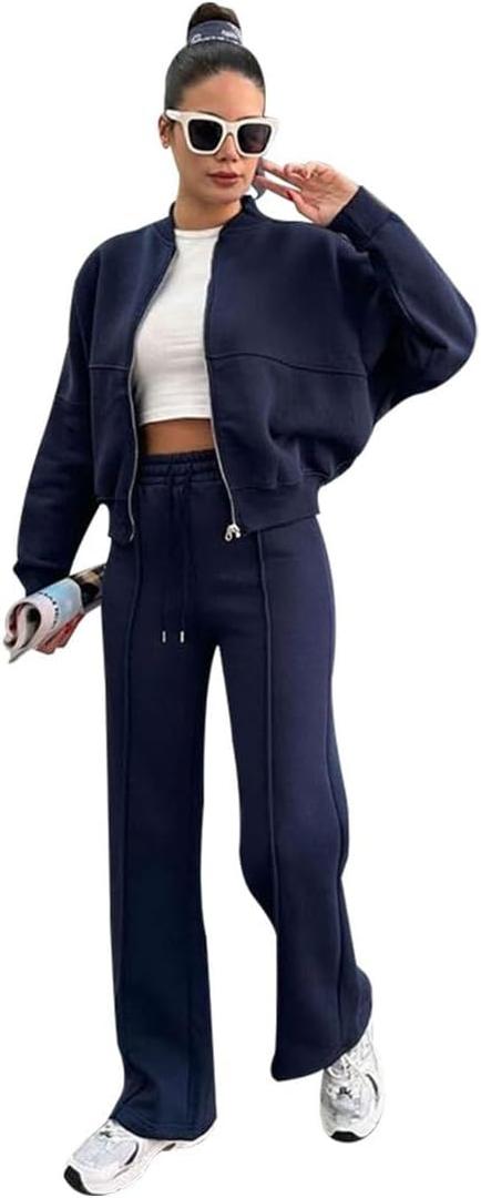 Women's Two Piece Tracksuit, Long Sleeve Zip Up Sweatshirt, Long Pants Set, Navy (US, Alpha, Small, Regular, Regular, dark blue)