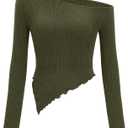 Zenlonr Women's Long Sleeve Shirts Fall Outfits 2025 Off The Shoulder Tops Asymmetrical Fitted Knit T Shirts Going Out Tops (X-Small, Army Green)