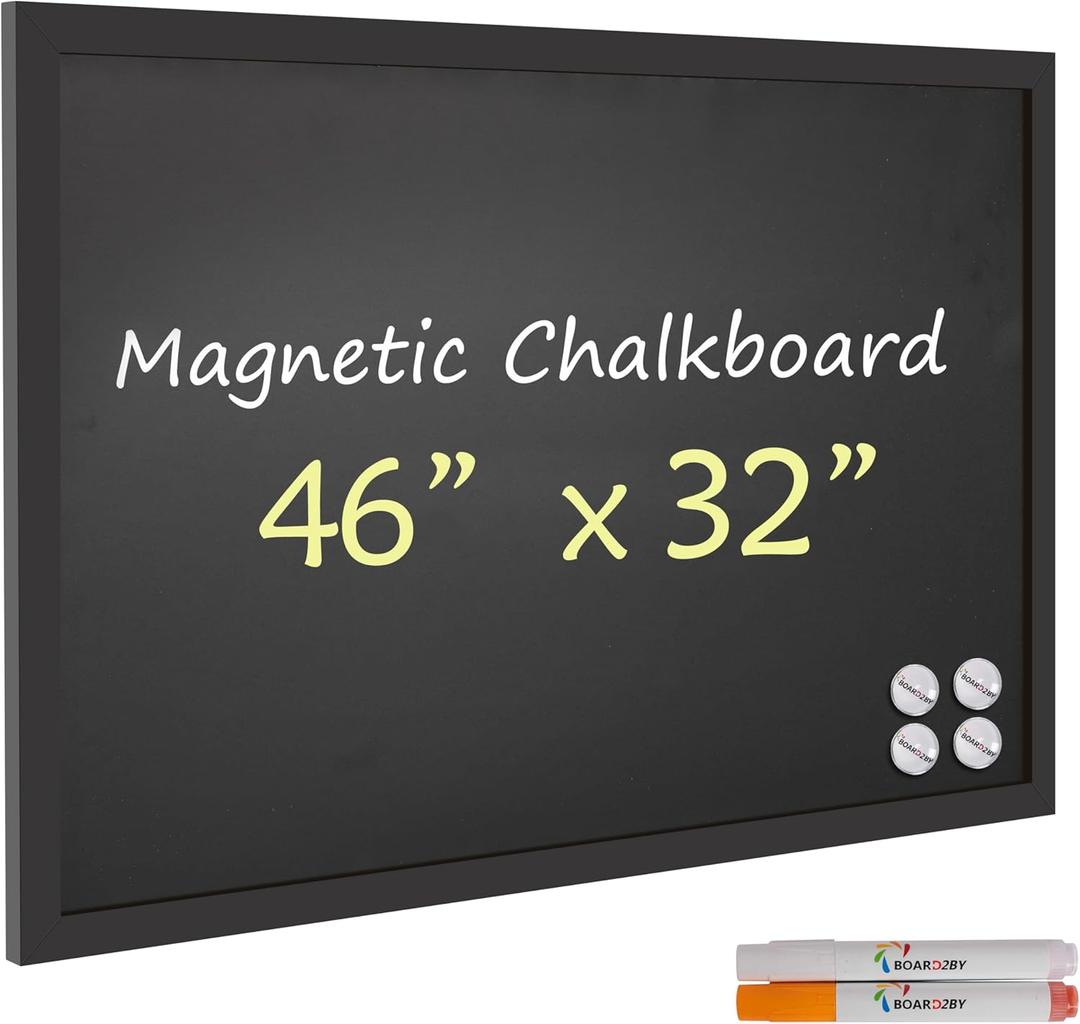 Board2by Magnetic Chalkboard Black Board 46 x 32, Extra Large Chalk Board Blackboard for Wall Decor, Easy-to-Erase Wood Framed Magnet Board, 2 Pens, 4 Magnets for School, Home & Office (Classic Black)