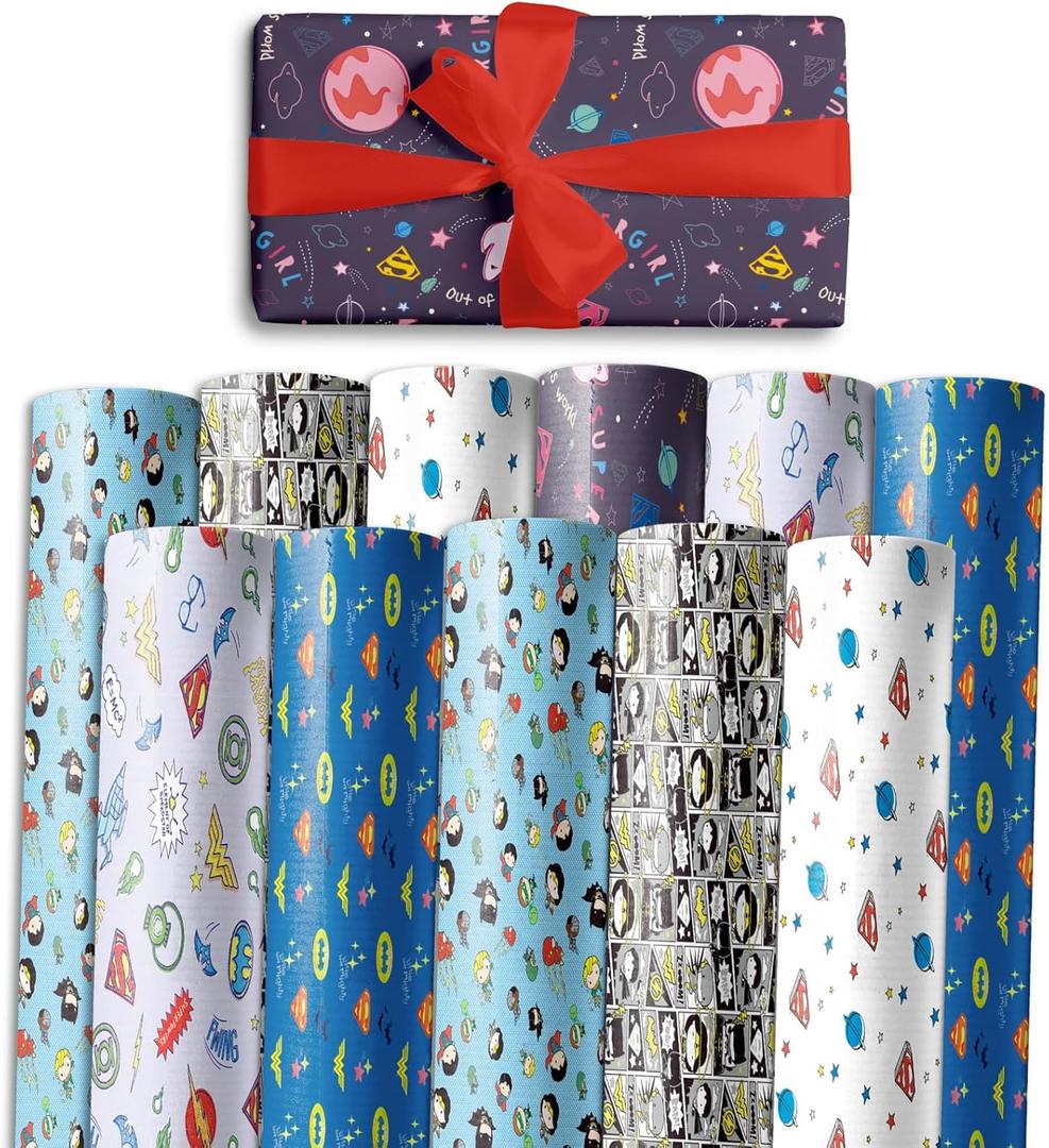 Charon 12 Sheet Cute Hero Birthday Wrapping Paper, 6 Style Mutil Color Festival Art Scrapbook Paper for Men Women Kids Birthday Wedding Baby Shower Halloween Xmas, 20 X 28 Inch (12 Sheet)