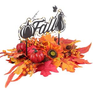 MEETYAMOR Fall Centerpieces for Table, 25" LED Lighted Pumpkin Centerpiece for Fall Thanksgiving Decor, Artificial Pine Cones, Berries, Autumn Leaves Harvest Fall Dining Table Decorations for Home