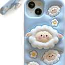 Kawaii 3D Sheep Phone Case for iPhone 16 Pro Max (with Retractable Phone Stand & Grip) Cute Girly Cartoon Soft Silicone Phone Cover for Girls, Kids, Teens, and Women, Blue