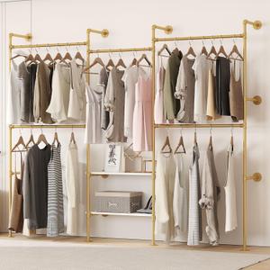 Industrial Pipe Clothing Rack Wall Mounted Closet Wardrobe Rack, Corner L Shaped Walk-in Closet System, 2 Installation Methods , 80" H x 86" W