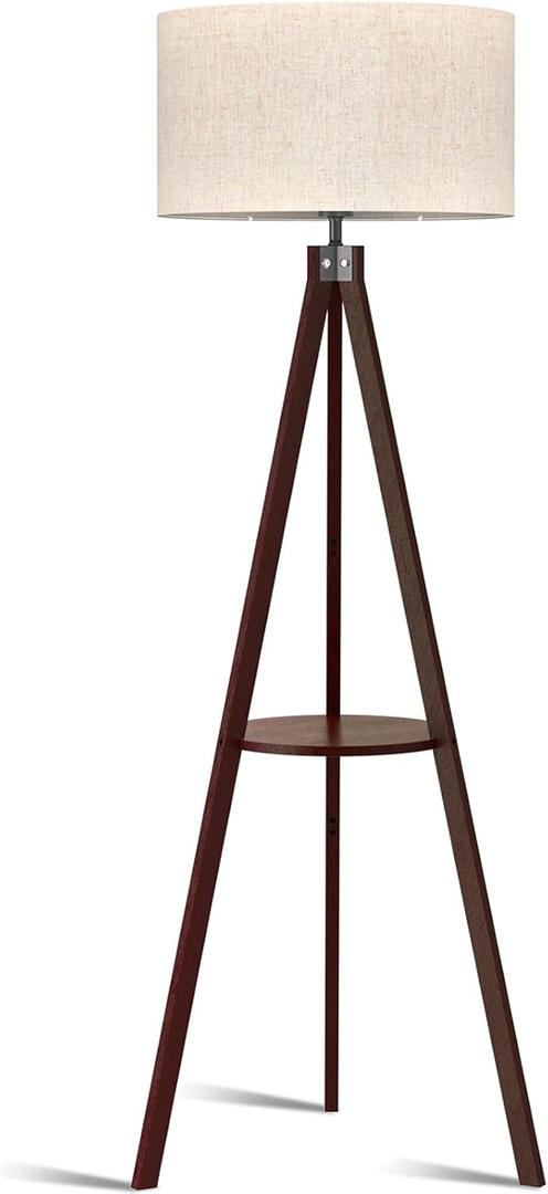 LEPOWER Tripod Floor Lamp, Mid Century Wood Standing Lamp, Modern Design Shelf Floor Lamp for Living Room, Bedroom, Office, Flaxen Linen Shade with E26 Lamp Base Walnut