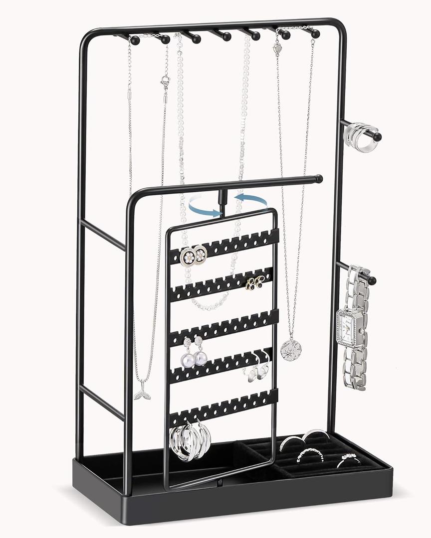 Lolalet Jewelry Organizer Stand, No Assembly Needed Display Storage with Rotating Earring Holder and Velvet Ring Tray for Necklace Bracelet Studs,Christmas Gifts Room Dorm Decor for Teen Girls -Black