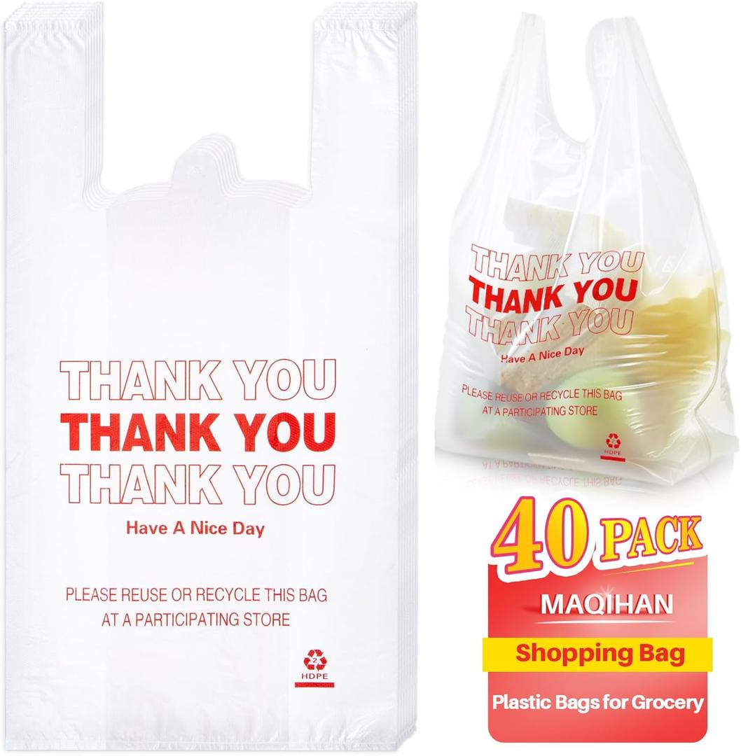 MAQIHAN Grocery Bags - 40Count Thank You T-shirt Bags for Grocery Store 11" X 21" Plastic Shopping Bag With Handles Ideal for Supermarket, Home Storage, Kitchen, Office, Large Capacity Reusable