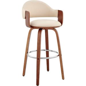 Armen Living Daxton Mid Century Modern Swivel Bar Stool for Kitchen Island Counter in Cream Faux Leather and Walnut Wood, 26" Seat Height