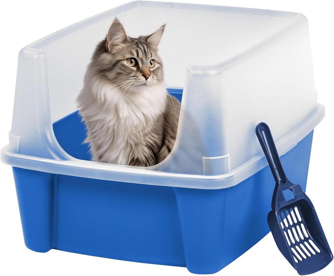 IRIS USA Large Cat Litter Box with Scatter Shield and Scoop, Open Top High Sided Cat Litter Pan, Blue (1-Pack)