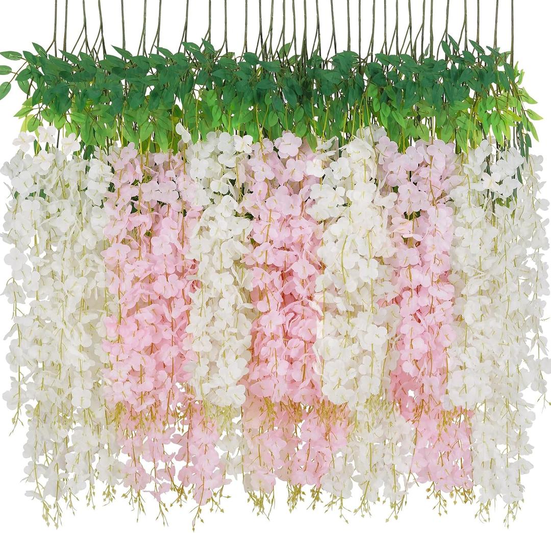 Waipfaru 24 Pack Wisteria Hanging Flowers, 3.6 Feet/Pcs White Pink Artificial Flowers, Fake Wisteria Flowers Garland Vines for Bedroom Wedding Home Party Wall Decoration