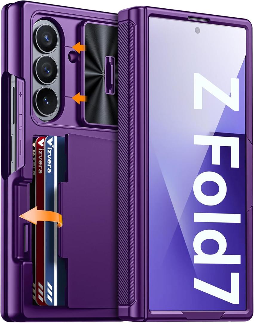 Vizvera for Samsung Galaxy Z Fold 7 Case RFID Wallet with Cards Holder [Hinge Cover] [Camera Cover] Shockproof Silicone Protective Phone Case for Z Fold 7 2025-Purple