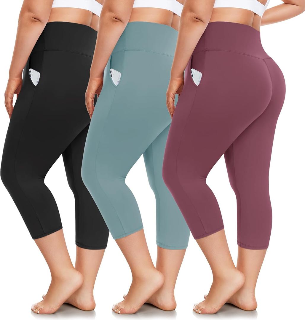 FULLSOFT 3 Pack Plus Size Capri Leggings with Pockets for Women -High Waist Stretchy 1X-4X Workout Yoga Pants (XX-Large, 03-black/Light Green/Rosy Pink)