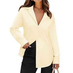 siliteelon Button Down Shirts Women Striped Long Sleeve Oversized Blouses (Beige, L)