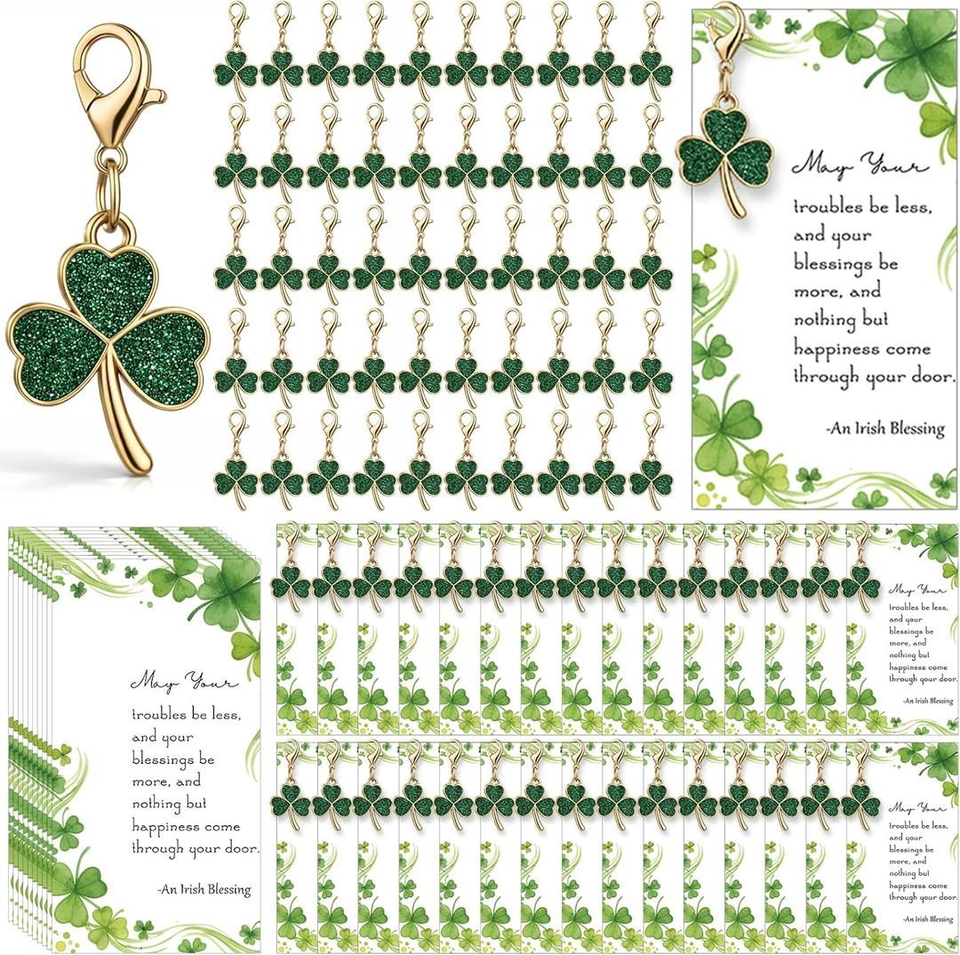 Tondiamo 30/60 Packs Shamrock Keychain Gift Includes Green Three Leaf Clovers Keychain Irish Blessing Cards for women