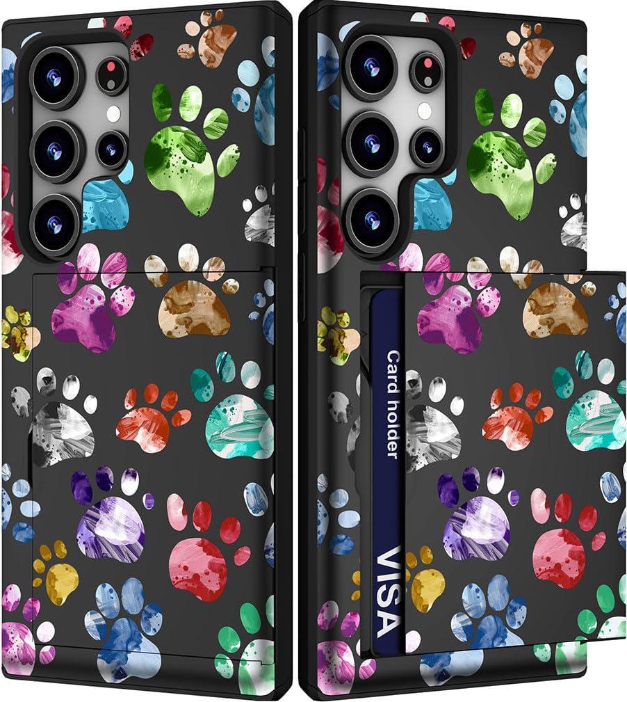 Compatible with Samsung Galaxy S24 Ultra Case Cute with Card Holder/Slim Wallet Phone Cover for Women/Colorful Doodle Paws Dog Craws Footprints Animal Watercolor