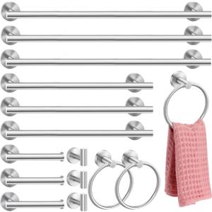 Gisafai 15 Piece Bathroom Hardware Set, 23.6 Inch Brushed Towel Bar Ring Toilet Paper Holder Robe Towel Hook, Sus304 Stainless Steel Bathroom Accessory Set Wall Mounted(Silver)