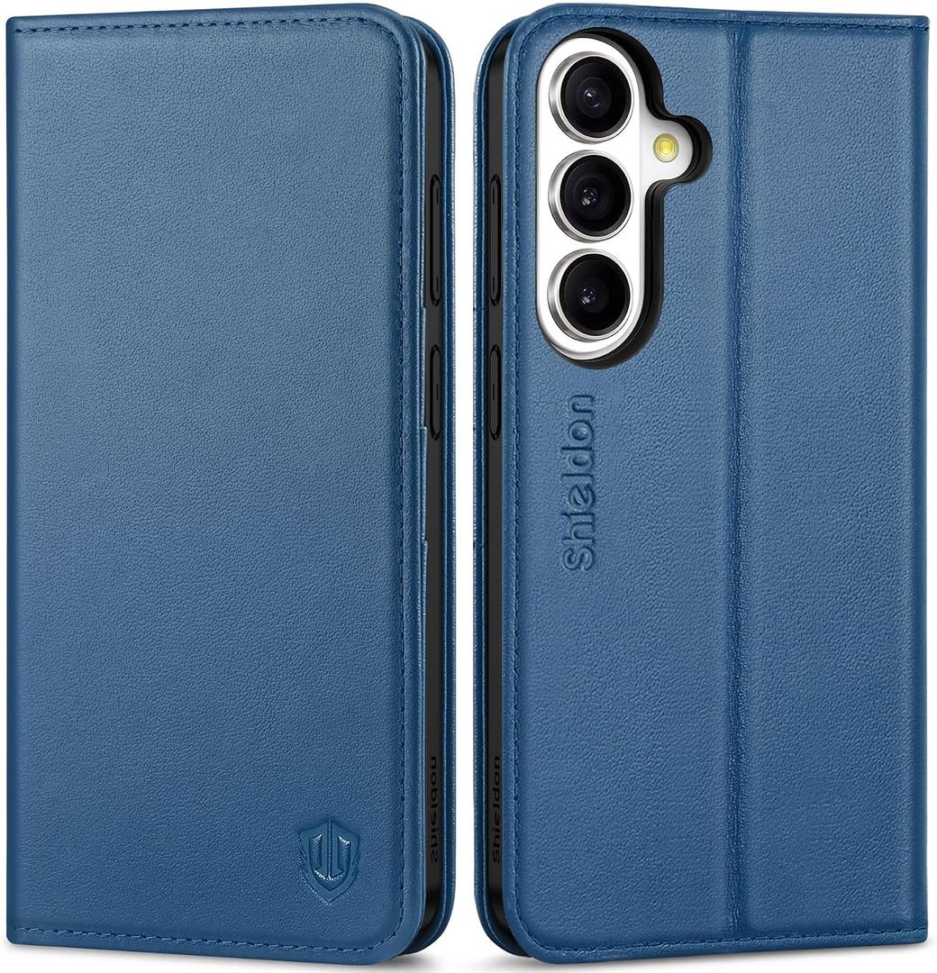 SHIELDON Case for Galaxy S26+ Plus 6.7", Genuine Leather Magnetic Closure Wallet, RFID Blocking Credit Card Holder, Kickstand Shock Absorbing Cover Compatible with Galaxy S26+ 2026 - Royal Blue