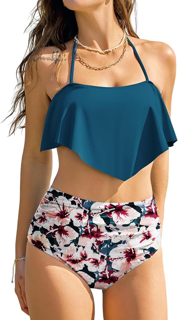 ZAFUL High Waisted Bikini Sets for Women Tummy Control 2 Piece Vintage Tankini Swimsuits Teens Flounce Ruffle Bathing Suits Swimwear Floral L ZAFUL High Waisted Bikini Sets for Women Tummy Control 2 Piece Vintage Tankini Swimsuits Teens Flounce Ruffle Bathing Suits Swimwear Floral L