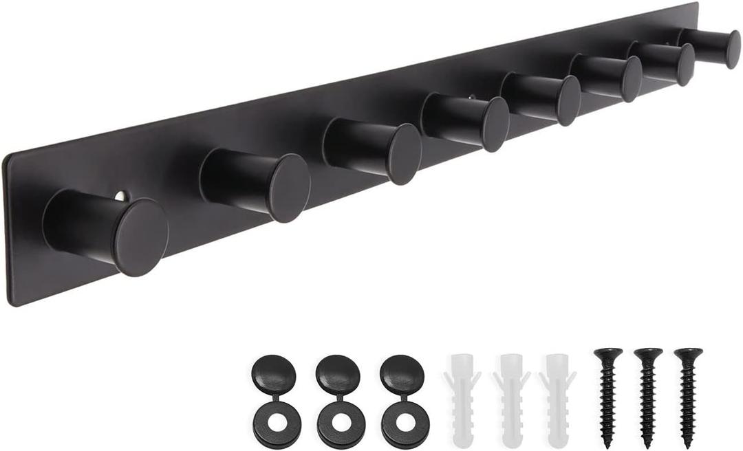 Coat Rack Wall Mounted, White Coat Hooks Screw in, Stainless Steel Door Hooks for Hanging Hat Towels Clothes, Hook Rail with 8 Round Hangers (Black, 8 Hooks)