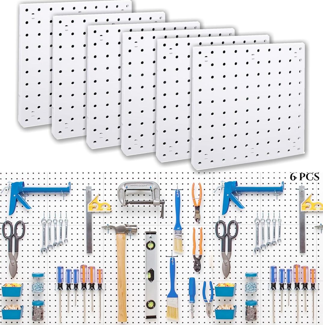 6Pcs Peg Board, Peg Board Wall Organizer Panels, White Pegboard Wall Mount, ABS Pegboard for Craft Room Garage Kitchen Workshop, ABS Peg Boards Easy Installation (White)