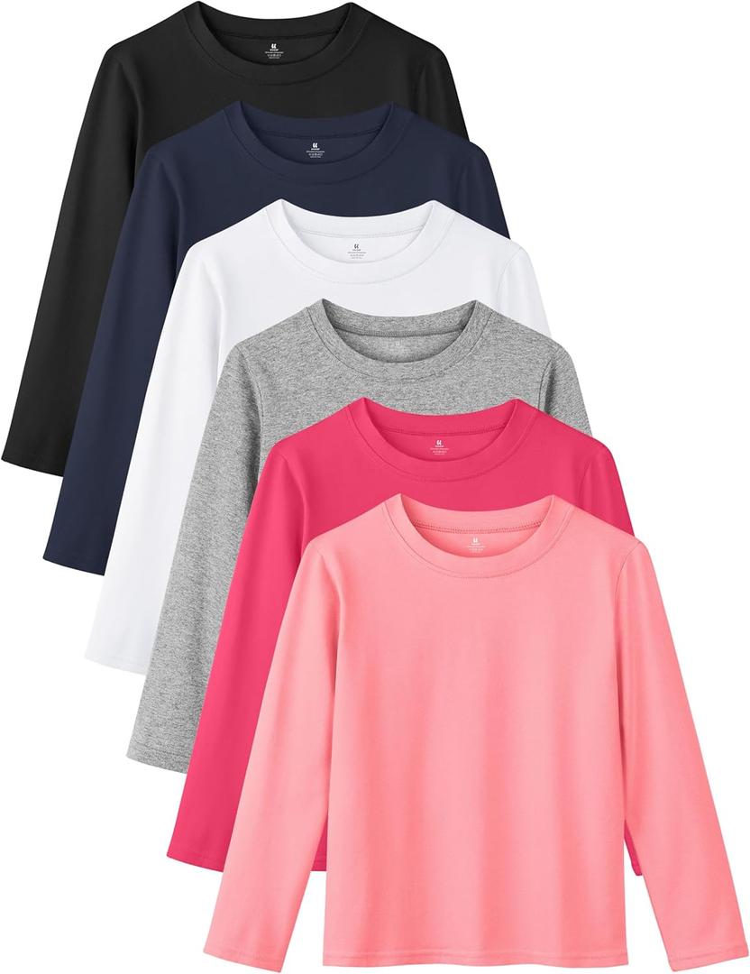 Resinta 6 Pack Cotton Girls Long Sleeve Shirts Toddlers Cotton Long Sleeve Tees Basic Crewneck Tops for Girls Daily Wear (5-6 Years, Black, Navy, Light Grey, White, Pink, Hot Pink)