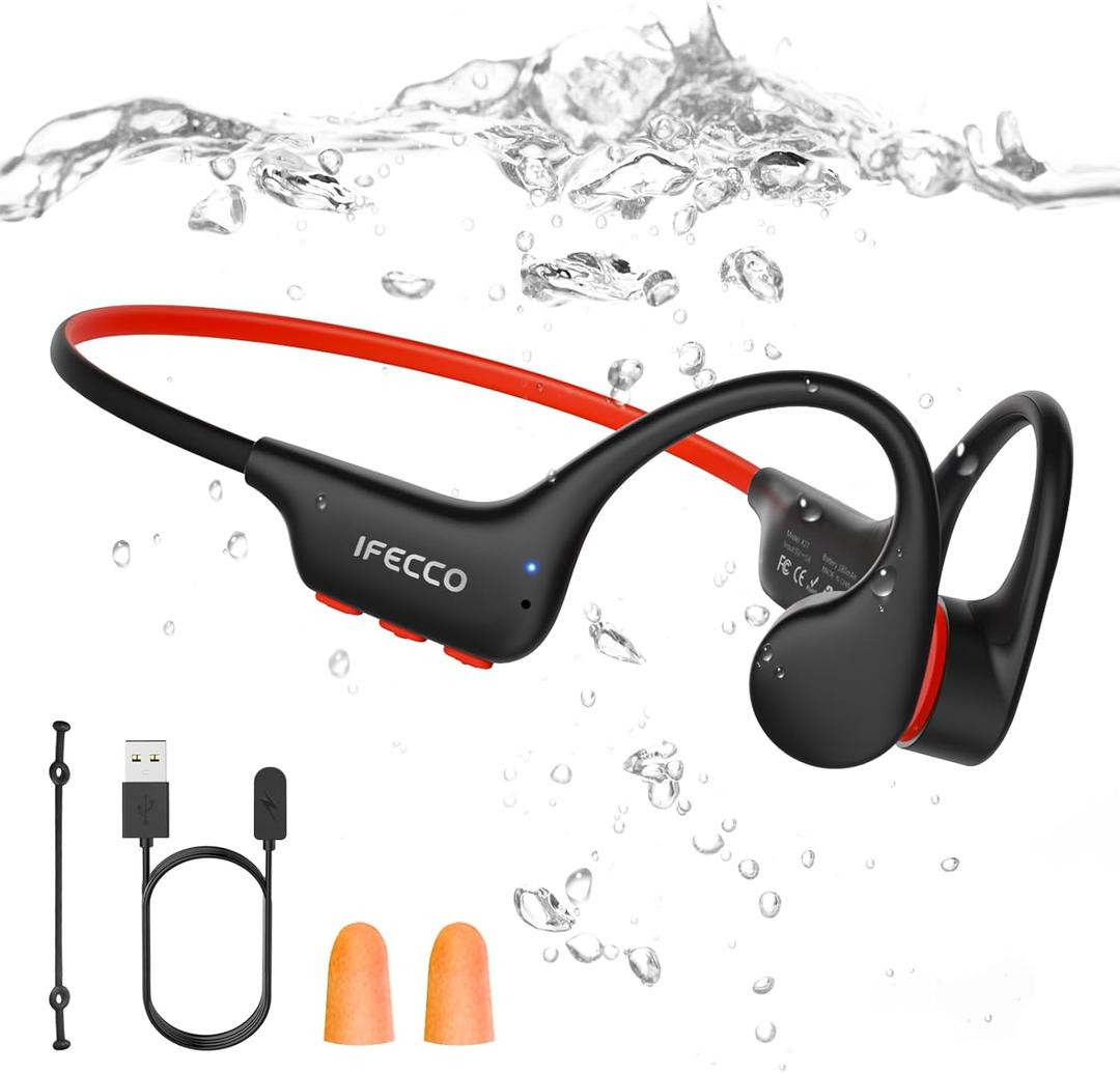 IFECCO Swimming Headphones Bluetooth 6.0 - IP68 Waterproof Bone Conduction Headphones,Swimming Earbuds Underwater with 8G MP3 for Running Cycling Sports (Classic Black)