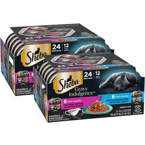 Sheba Gravy Indulgence Adult Wet Cat Food Salmon Entree in Extra Gravy and White Fish Entree Variety Pack, 2.6 oz. Twin-Pack Trays, (12 Count, 24 Servings) (Pack of 2) EXP: 05/2028