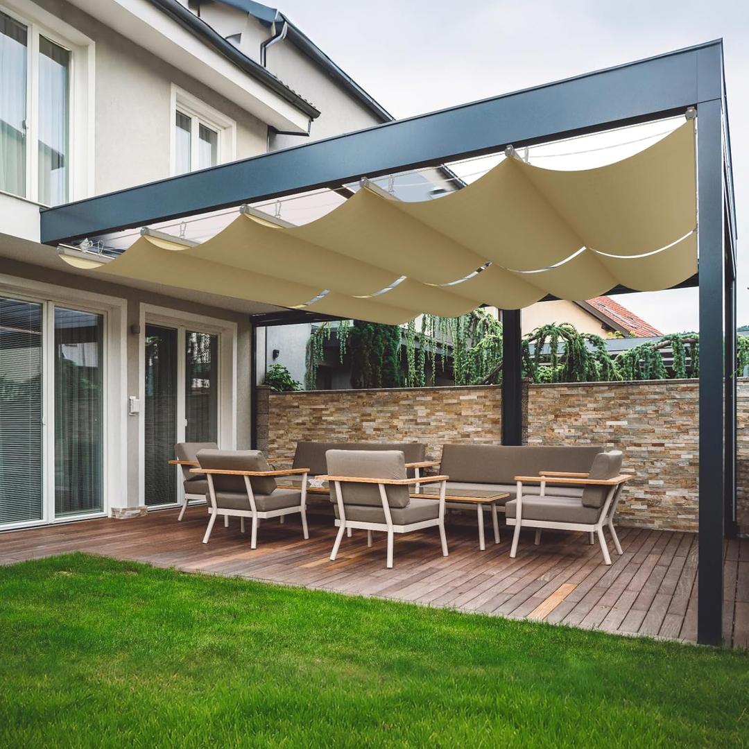 4'W X 12'L Retractable Sun Shade Canopy, Pergola Sliding Cover high-Density Polyethylene Fabric, Wave Shade sail for Patio Garden Backyard Deck Trellis, Beige