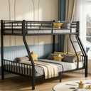 Heavy Duty Twin XL Over Queen Bunk Bed, Metal Steel Bed Frame with EVA-Padded Angled Ladder & Full-Length Guardrails, Bunk Beds Twin XL Over Queen for Teens & Adults, No Box Spring Needed, Black 