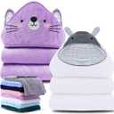Cute Castle 2 Pack Hooded Baby Towel Rayon Made from Bamboo with 8 Washcloths - Soft Bath Towel for Bathtub for Babie, Newborn, Infant, Natural Baby Stuff Towel (Hippo and Cat)