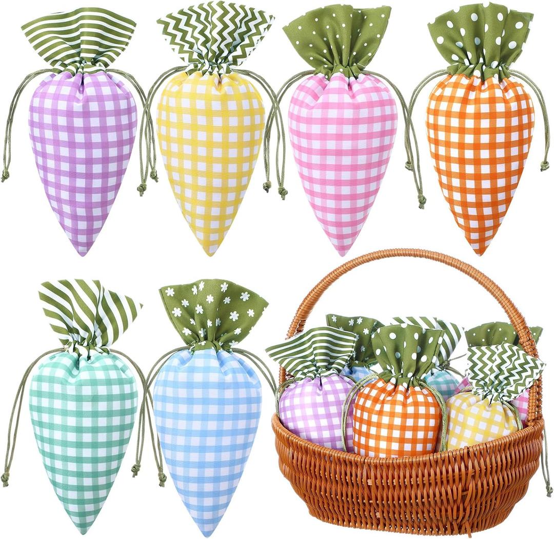 SilTriangle 12 Pcs Easter Carrot Shaped Treat Bags Easter Basket Stuffers Fabric Drawstring Candy Gift Goodie Bags for Egg Hunt Outdoor Party Supplies
