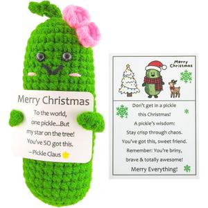 2 x Handmade Crochet Merry Christmas Pickle Gift,Funny Festival Wishes Pickle Ornament with Encouragement Cards, Cute Knitted Crochet Dolls for Friends and Family