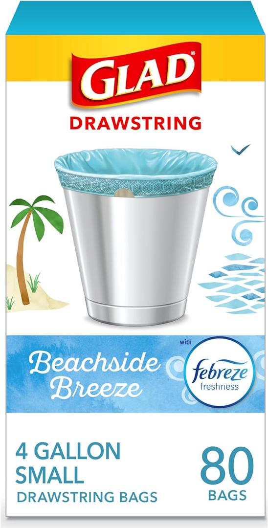 Glad Odorshield Small Drawstring Trash Bags, 4 Gal, Febreze Beachside Breeze, 80 Ct, Pack May Vary (80 Count (Pack of 1))