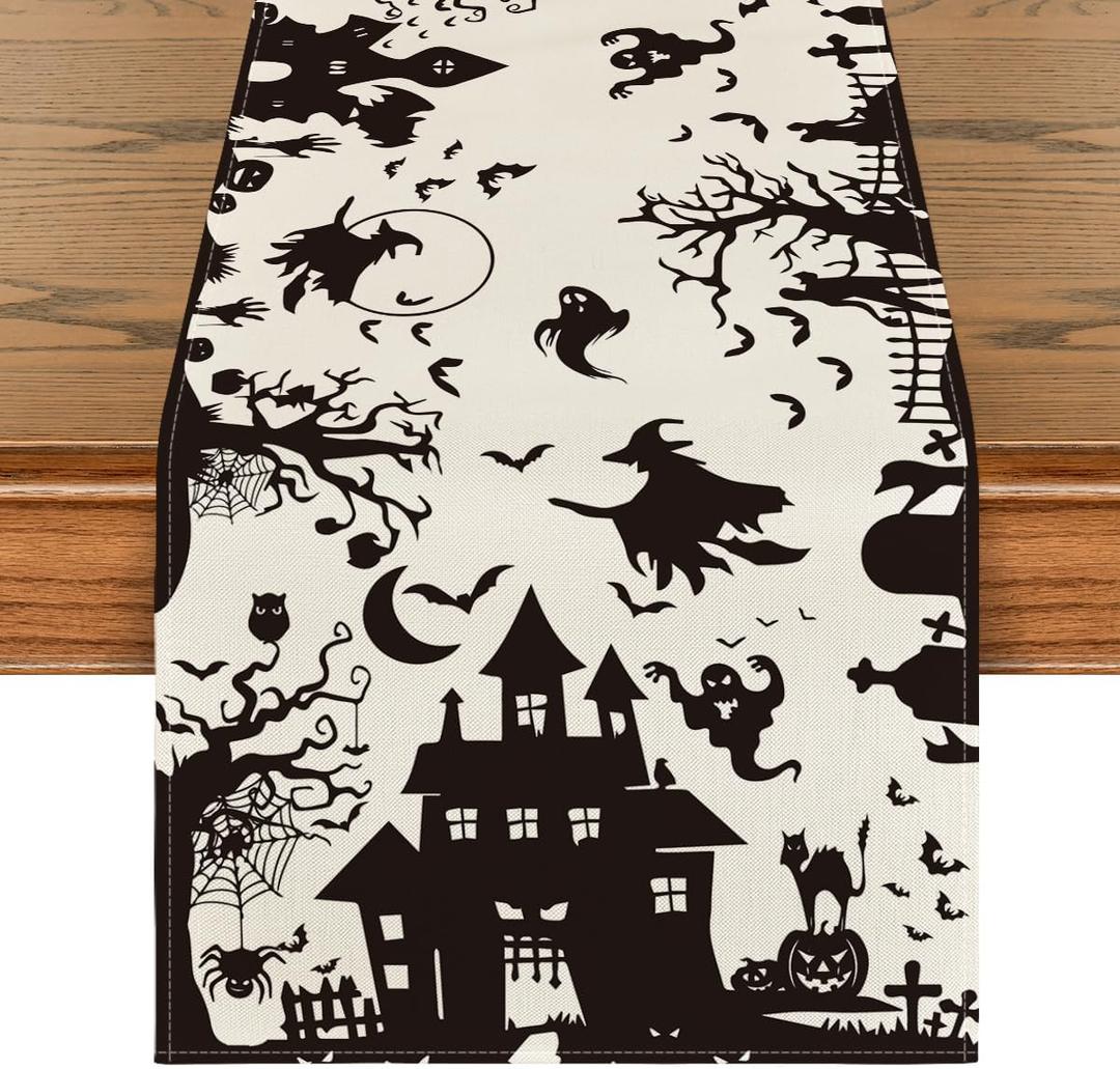 Artoid Mode Black White Spooky Haunted House Tree Ghost Witch Halloween Table Runner, Kitchen Dining Table Decoration for Home Party Decor 13x90 Inch