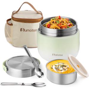 40oz Insulated Food Jar with 2 Compartments, Leak-Proof Thermo for Hot Food Wide Mouth Stainless Steel Includes Spoon and Fork Soup Thermo Lunch Containers Bento Box for AdultsGreen