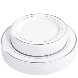 FLOWERCAT 60PCS Silver Plastic Plates - Heavy Duty White and Silver Plastic Plates Disposable - Include 30PCS 10.25inch Dinner Plates and 30PCS 7.5inch Dessert Plates for Wedding & Birthday Party