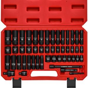 CASOMAN 3/8" Drive Impact Socket Set, 49 Piece Standard SAE and Metric Sizes (5/16-Inch to 3/4-Inch and 8-22 mm), 6 Point, Cr-V Steel Socket Set