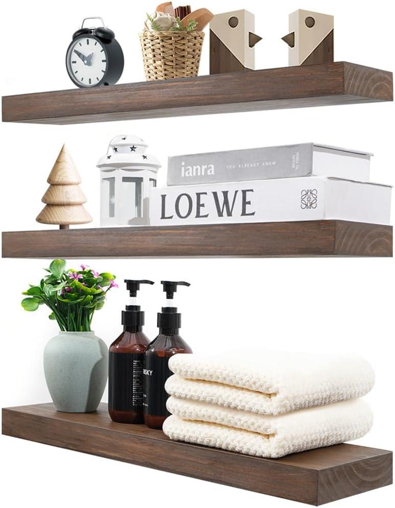 Zuiguoshan Wood Floating Shelves for Wall Set of 3, 22 Inch Rustic Floating Shelf Wall Mount, Solid Wooden Bathroom Floating Shelves for Kitchen, Bedroom, Living Room - Dark Walnut