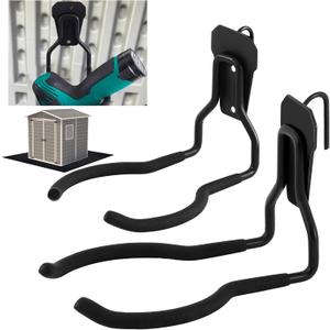 2 Pack Shed Accessories Multi Purpose Shed Hooks Metal Power Tool Holder for Large or Small Tools or Shovels, Black (Arched Shape)