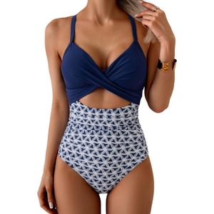 Eomenie Women's One Piece Swimsuits Tummy Control Cutout High Waisted Bathing Suit Wrap Tie Back 1 Piece Swimsuit (Large, Navy Blue Print)