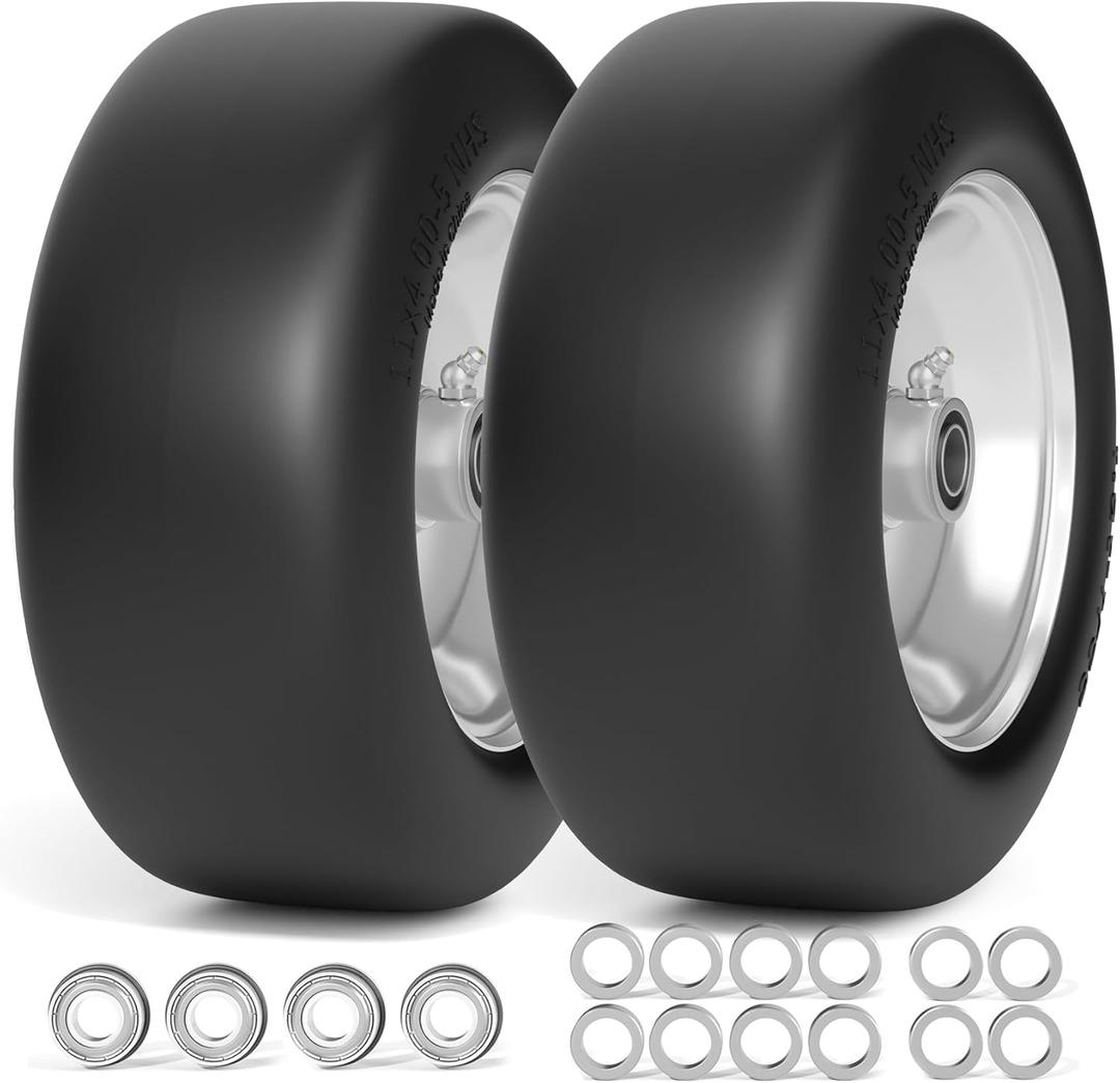 11x4.00-5 Lawn Mower Tires Flat Free, Zero Turn Mower Front Tires, 11x4-5 Solid Mower Wheel for Residential and Commercial, 3/4" and 5/8" Bearing, 3.4"-5" Center Hub, 2Pack Gray, 350Lbs